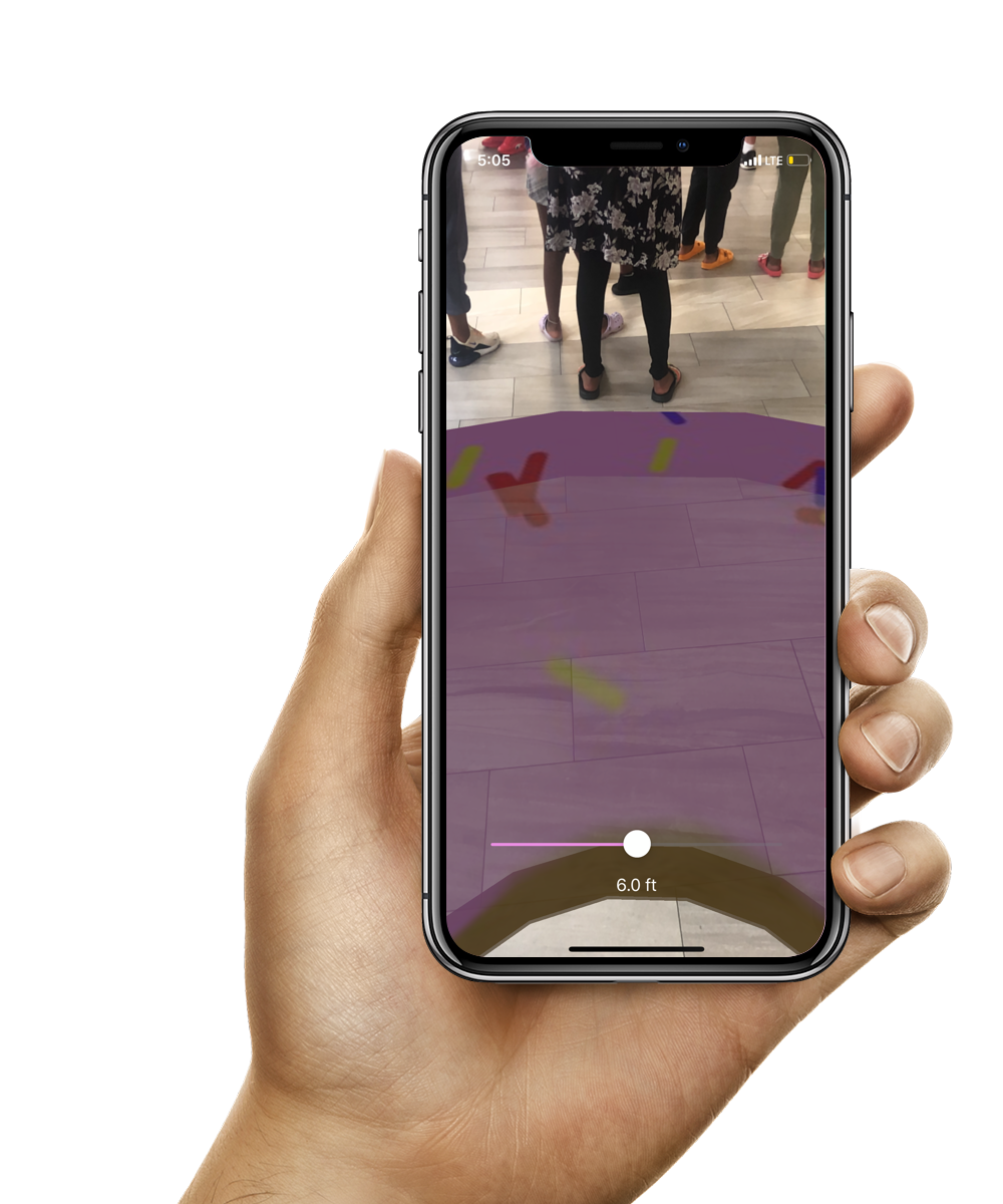 A phone with an AR donut showing 6ft distance around the user